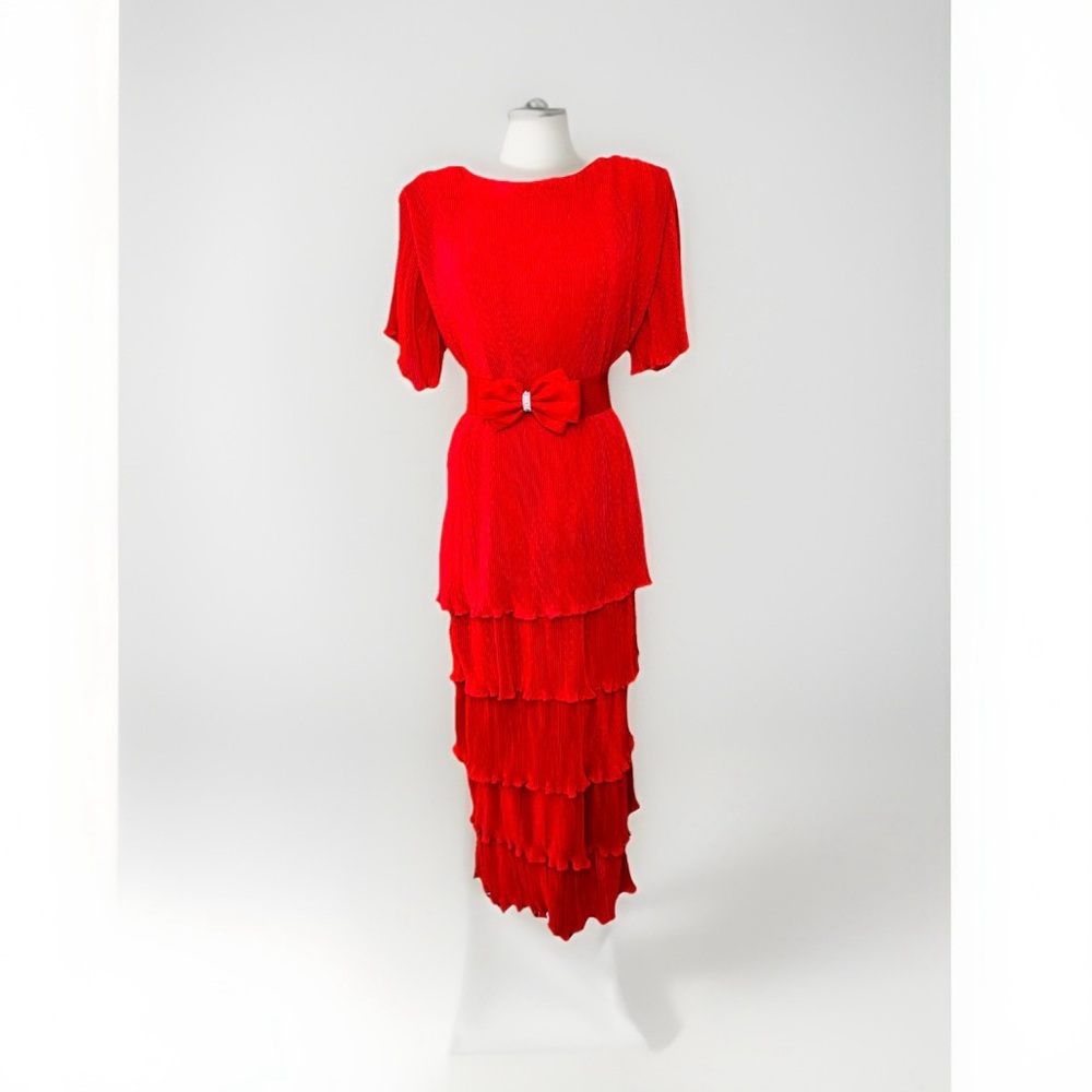 60's Vintage Maxi Red Tiered Micro Pleat Dress‎ with Bow Belt